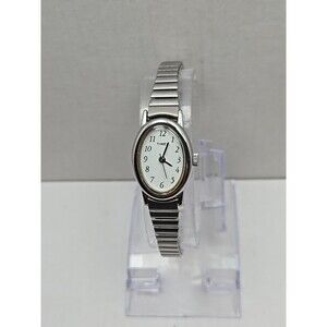 Timex Cavatina Silver Tone Oval Womens Quartz Watch Stretch Band New Battery